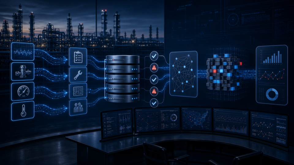 Industrial operational data streams flowing through quality checks into analytics