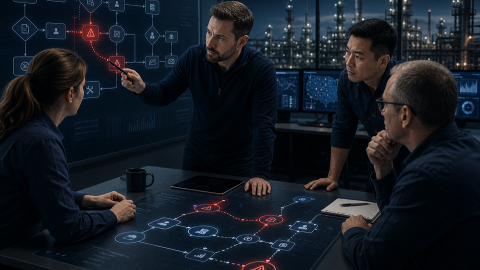 Industrial operations team identifying workflow friction and decision bottlenecks