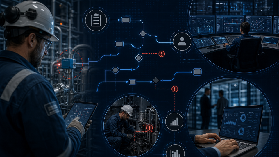 Field operations and control room workflow map showing system handoffs